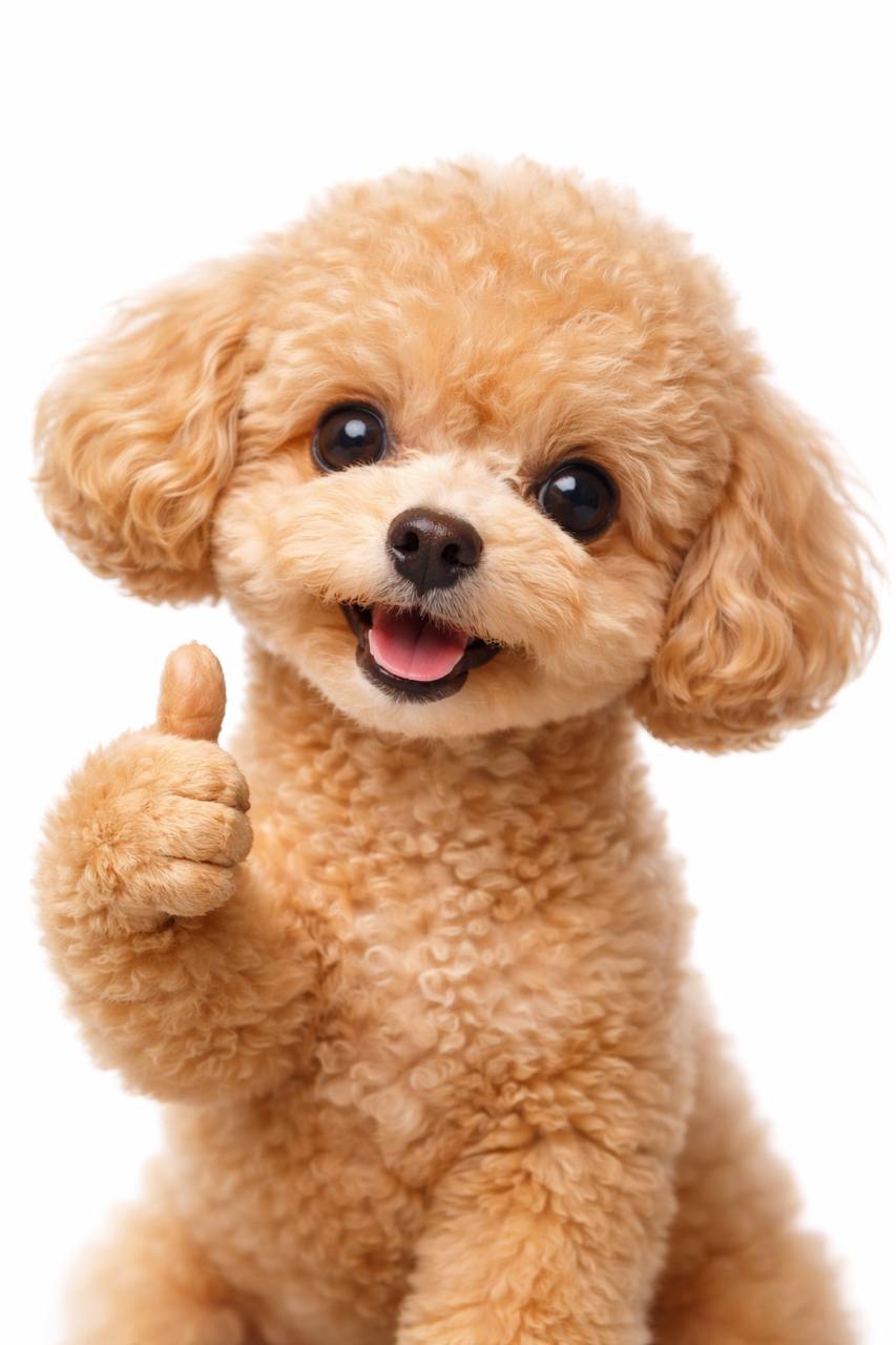 Foto van een hond met een duim omhoog.